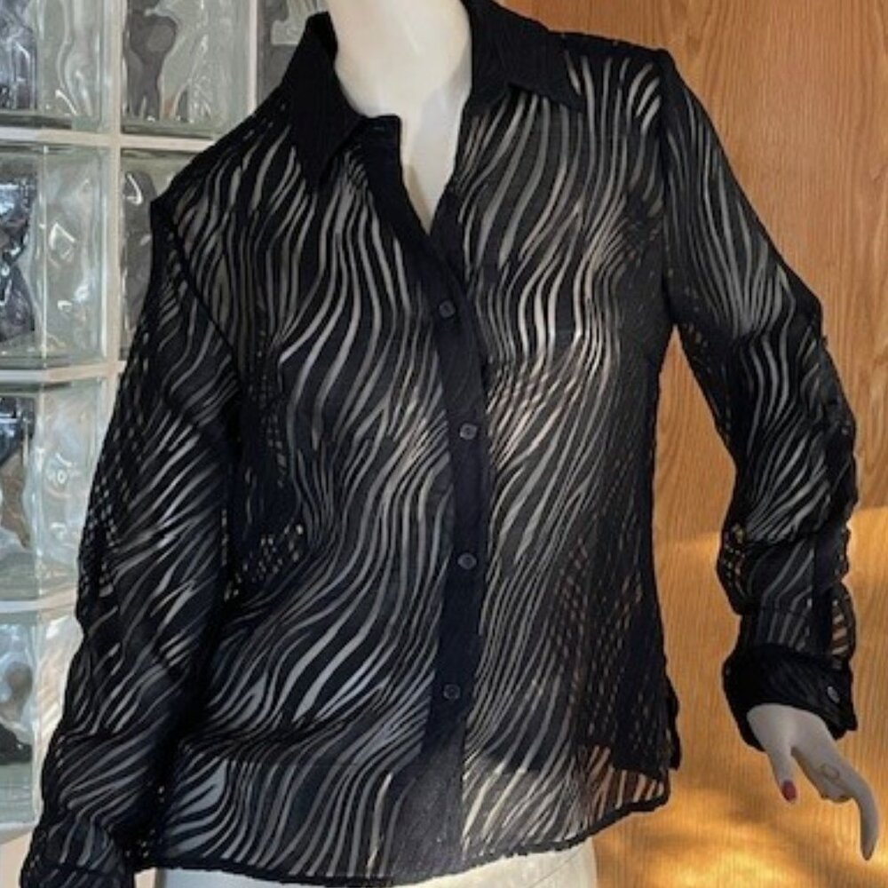 PETER NYGARD SEMI-SHEER LINEN BLOUSE  Button Down, Adjustable Sleeves  8 PETITE